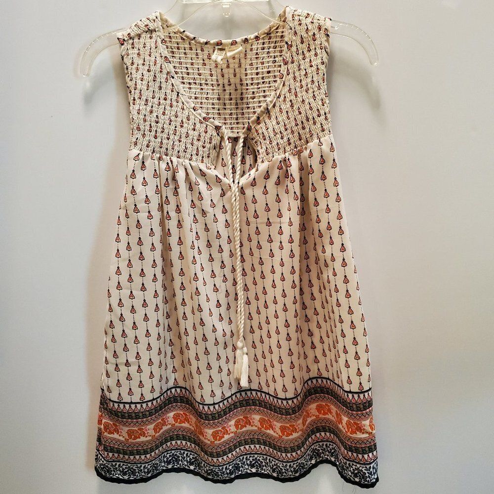 Japna Sleeveless Peasant Tunic Top With Tassels - Cream, Navy, Orange Print Sz S